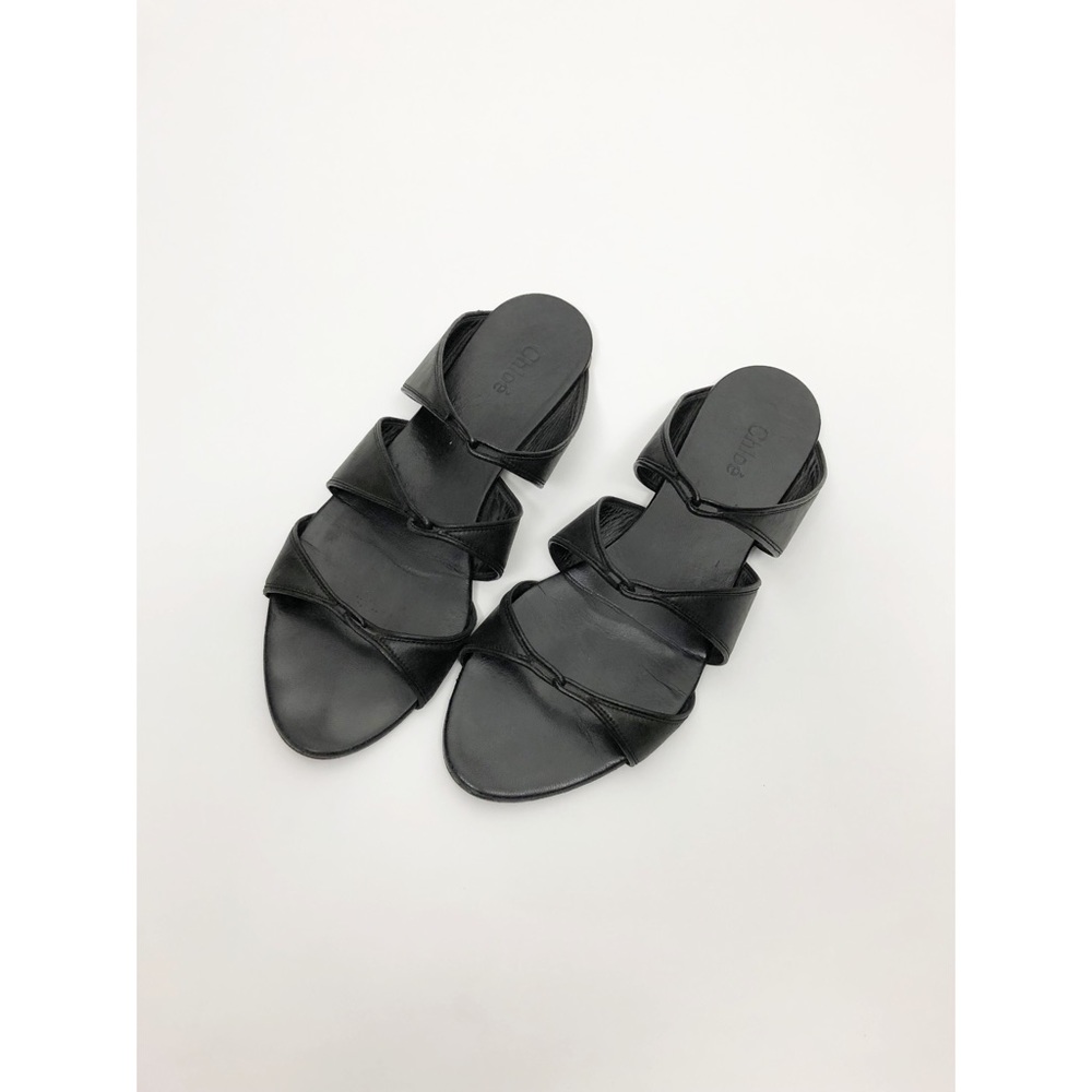 CHLOE Karung Black Three Strap Leather Minimalist Flat Sandal 39